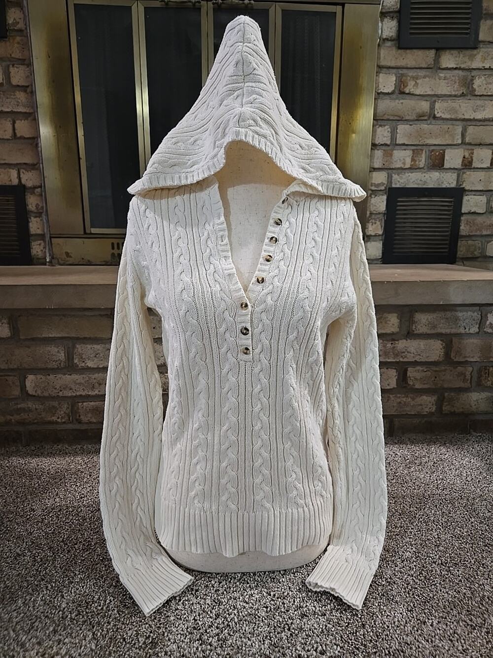Aeropostale Vtg Y2K Cable-knit Hooded Henley Sweater Womans Sz Large Bella Swan